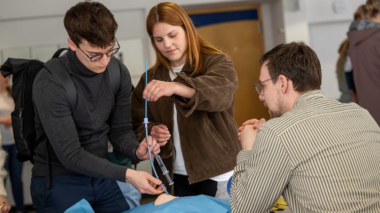 Zwei Studierende halten einen langen Schlauch der bis in einen Modellhals reicht.