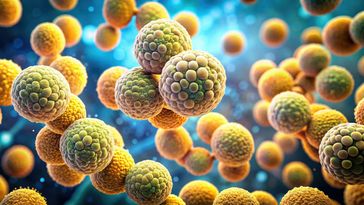 Grafische Darstellung von Staphylococcus aureus unter dem Mikroskop. Sie sind kugelförmig, gelb und haben eine porenartige Oberfläche.