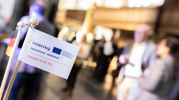 Fähnchen mit Interreg-Logo und Health4DE-NL-Schriftzug