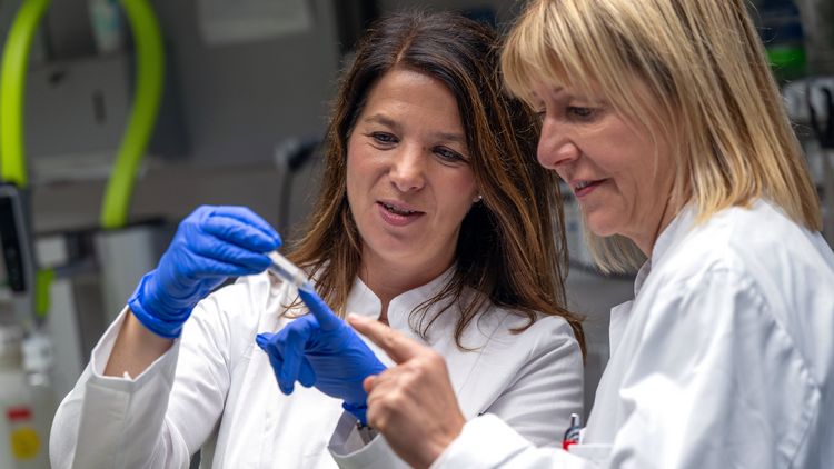 Die genannten Personen betrachten gemeinsam eine Probe im Labor.